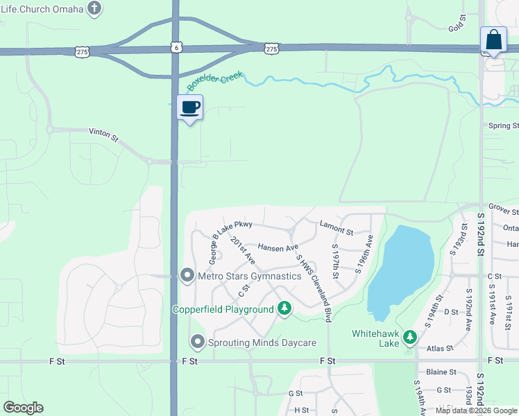 map of restaurants, bars, coffee shops, grocery stores, and more near 3538 200th Avenue in Omaha