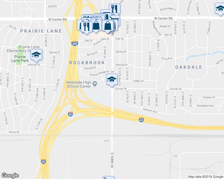 map of restaurants, bars, coffee shops, grocery stores, and more near 3517 South 108th Street in Omaha