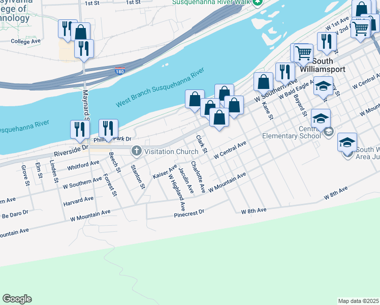 map of restaurants, bars, coffee shops, grocery stores, and more near 362 Fisher Street in Williamsport