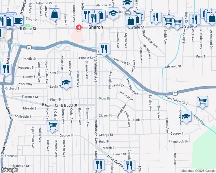 map of restaurants, bars, coffee shops, grocery stores, and more near 508 Wengler Avenue in Sharon