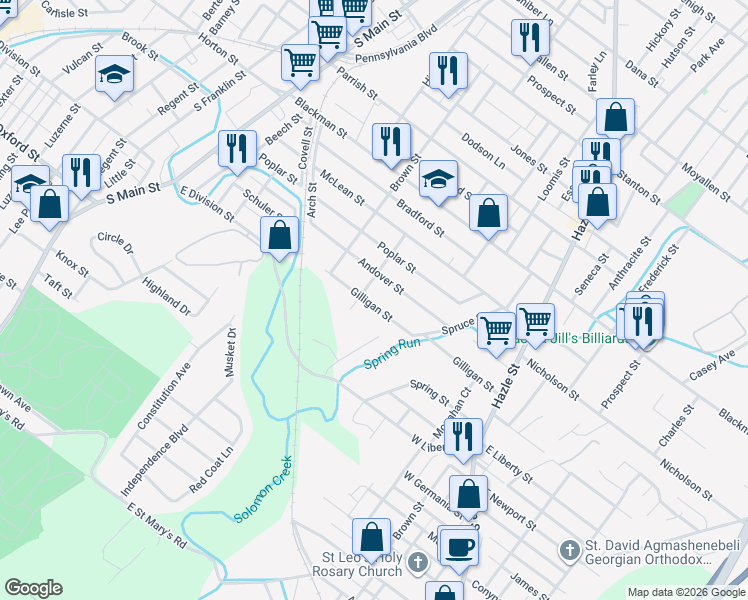 map of restaurants, bars, coffee shops, grocery stores, and more near 121 Gilligan St in Wilkes-Barre