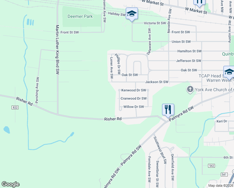 map of restaurants, bars, coffee shops, grocery stores, and more near 1006 Woodview Avenue Southwest in Warren