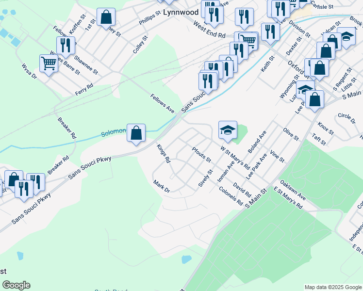 map of restaurants, bars, coffee shops, grocery stores, and more near 3 Keystone Road in Wilkes-Barre