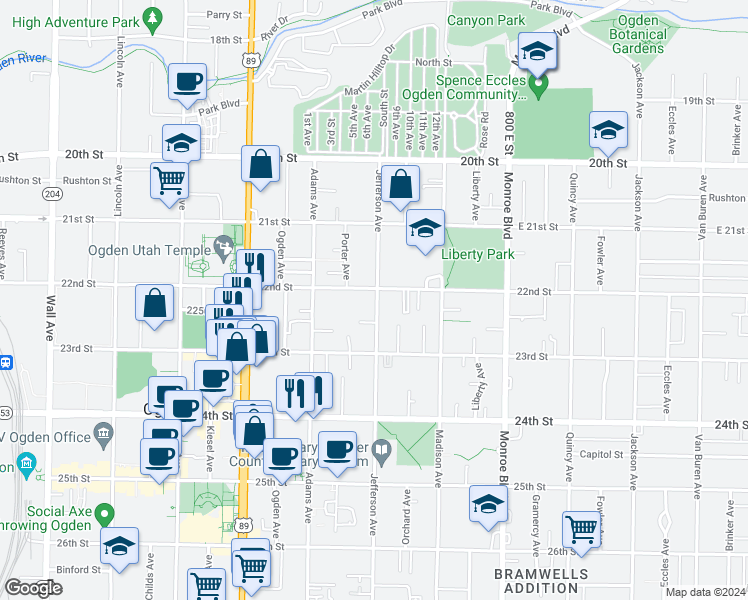 map of restaurants, bars, coffee shops, grocery stores, and more near 2238 Jefferson Avenue in Ogden