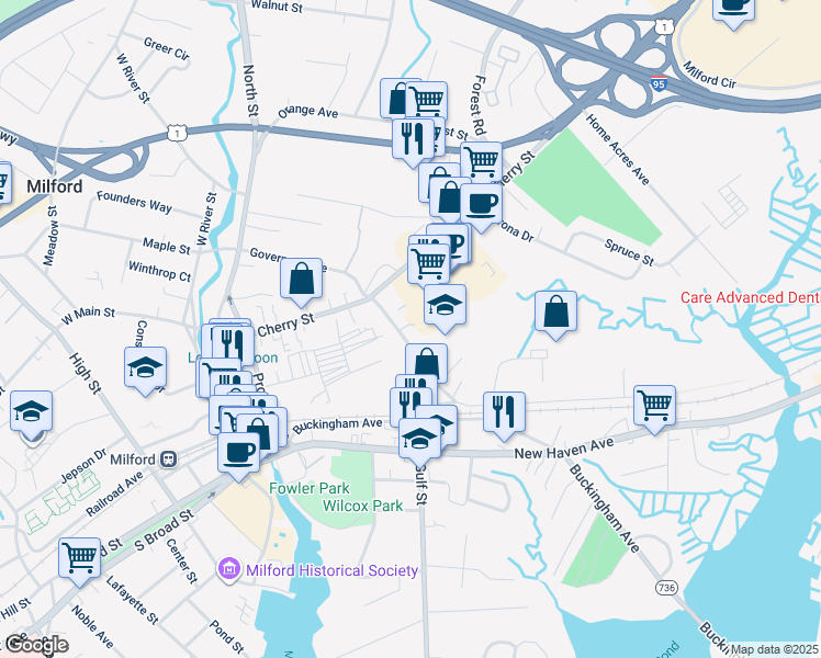 map of restaurants, bars, coffee shops, grocery stores, and more near in Milford