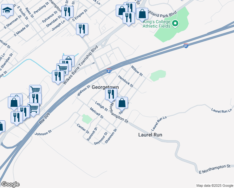 map of restaurants, bars, coffee shops, grocery stores, and more near 523 Church Street in Georgetown