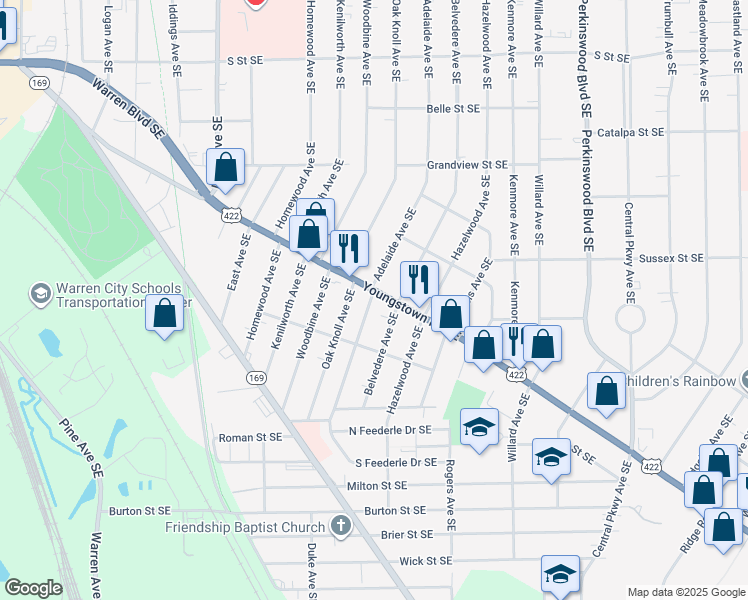 map of restaurants, bars, coffee shops, grocery stores, and more near 1360 Adelaide Avenue Southeast in Warren