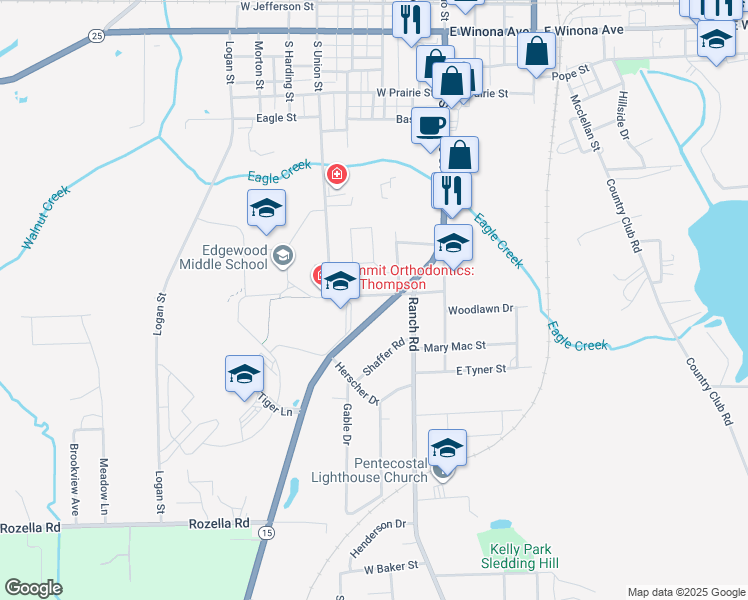 map of restaurants, bars, coffee shops, grocery stores, and more near 1108 Fisher Avenue in Warsaw