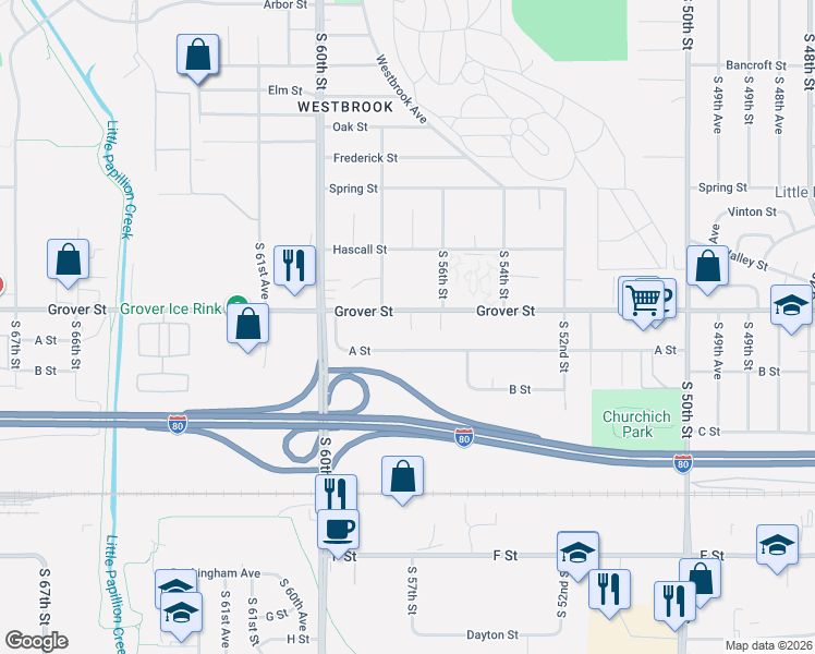 map of restaurants, bars, coffee shops, grocery stores, and more near 5714 A Street in Omaha