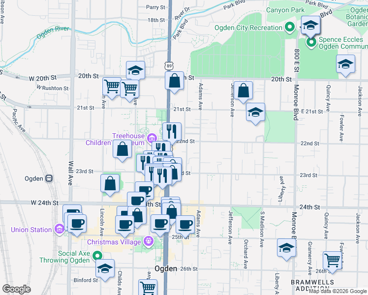 map of restaurants, bars, coffee shops, grocery stores, and more near 2213 Ogden Avenue in Ogden