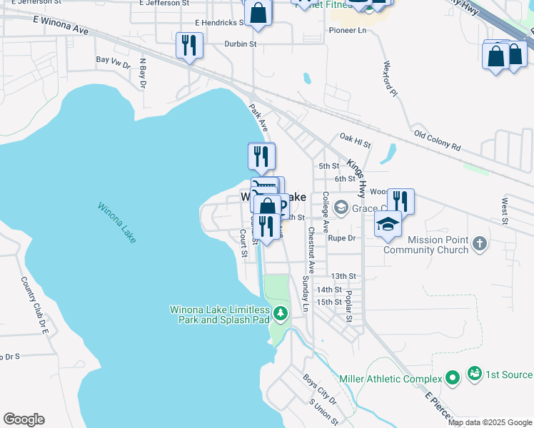 map of restaurants, bars, coffee shops, grocery stores, and more near 802 Park Avenue in Winona Lake