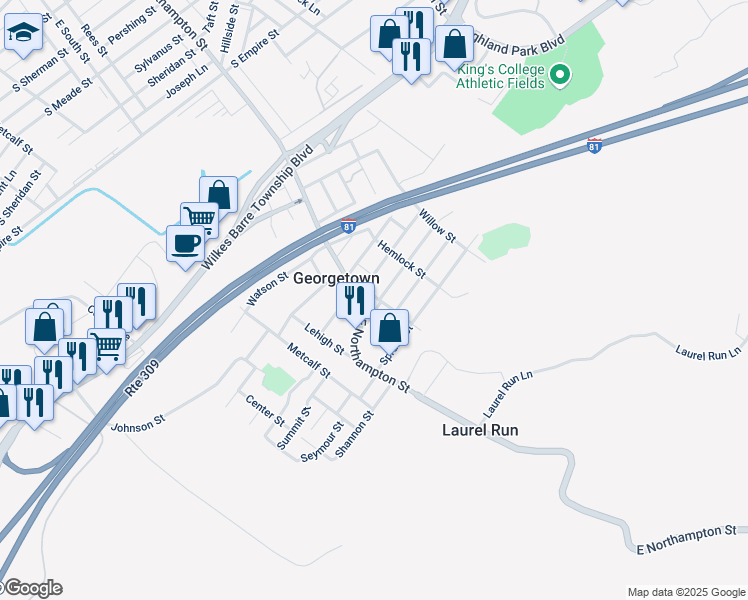 map of restaurants, bars, coffee shops, grocery stores, and more near 523 Church Street in Georgetown