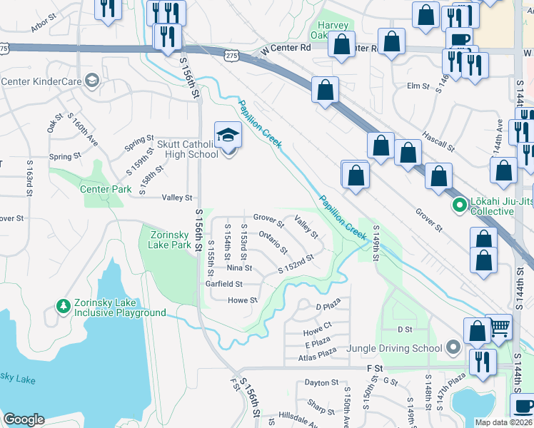 map of restaurants, bars, coffee shops, grocery stores, and more near 15247 Grover Street in Omaha