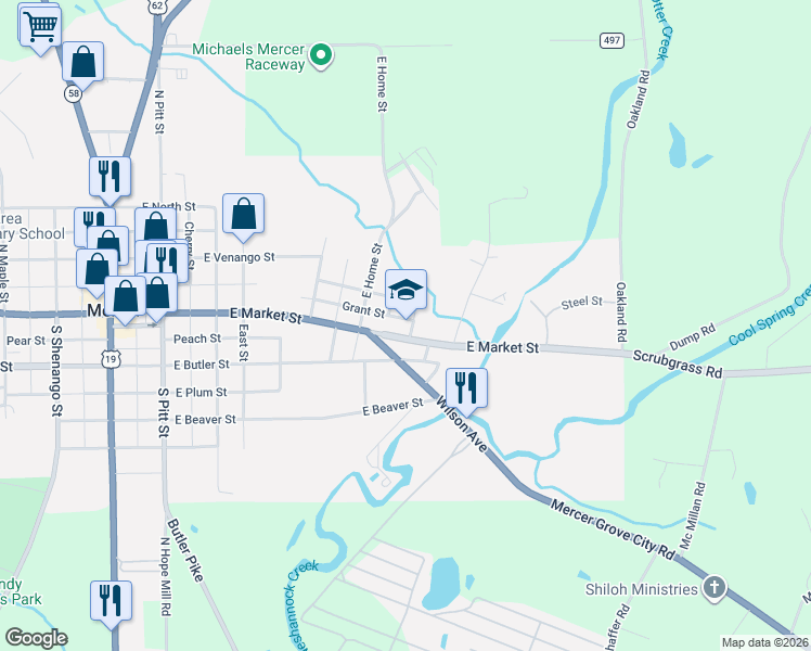 map of restaurants, bars, coffee shops, grocery stores, and more near 101-199 Wilson Ave in Mercer