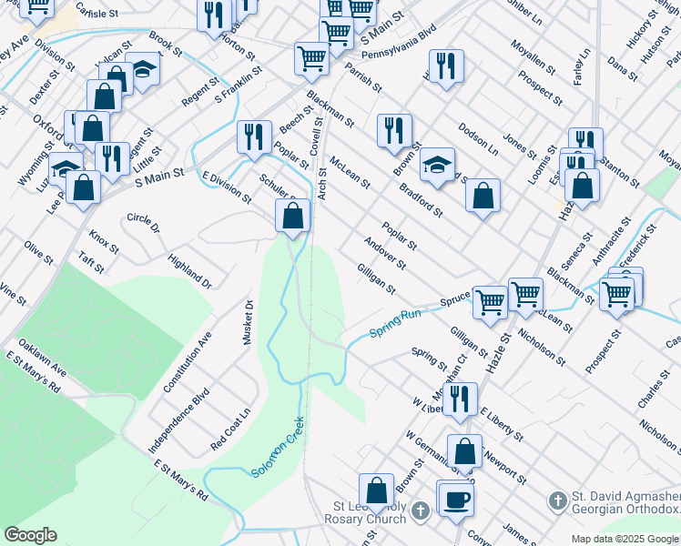 map of restaurants, bars, coffee shops, grocery stores, and more near 39 Gilligan Street in Wilkes-Barre