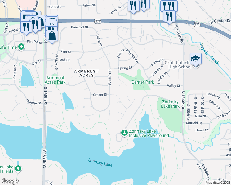map of restaurants, bars, coffee shops, grocery stores, and more near 16230 Grover Street in Omaha