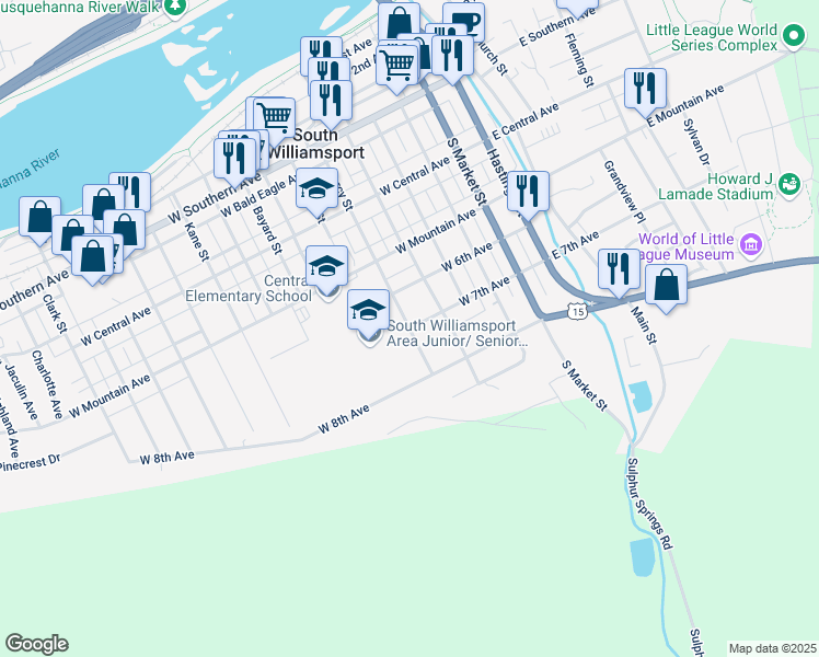 map of restaurants, bars, coffee shops, grocery stores, and more near 700 Percy Street in South Williamsport