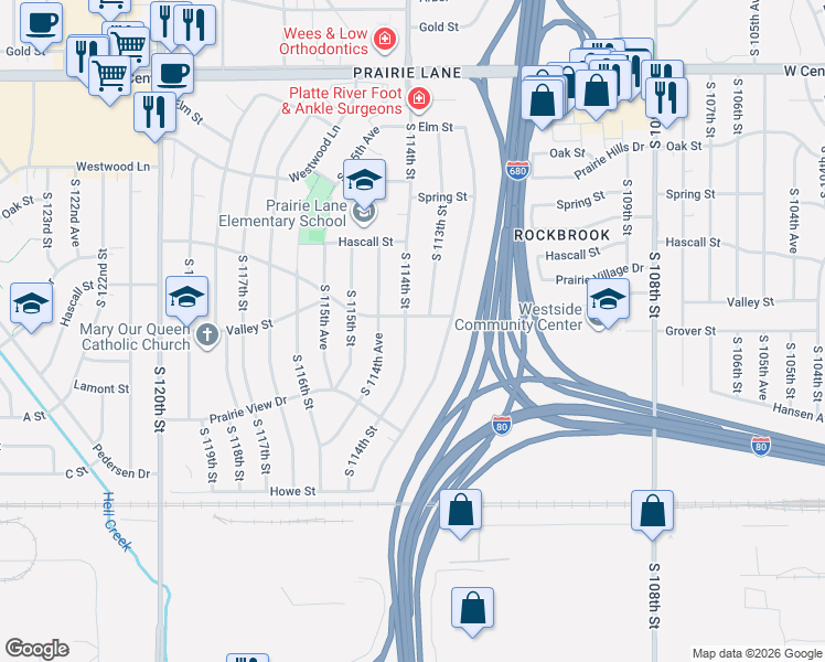 map of restaurants, bars, coffee shops, grocery stores, and more near 3380 South 114th Street in Omaha
