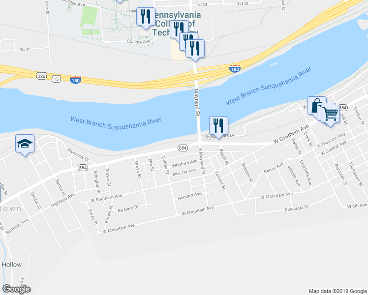 map of restaurants, bars, coffee shops, grocery stores, and more near 2099 Pennsylvania 654 in South Williamsport