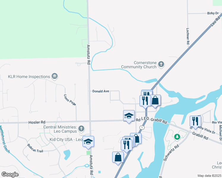 map of restaurants, bars, coffee shops, grocery stores, and more near 15215 Beulah Drive in Leo-Cedarville
