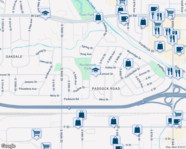 map of restaurants, bars, coffee shops, grocery stores, and more near 3535 Paddock Road in Omaha