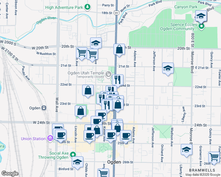 map of restaurants, bars, coffee shops, grocery stores, and more near 2240 Washington Boulevard in Ogden