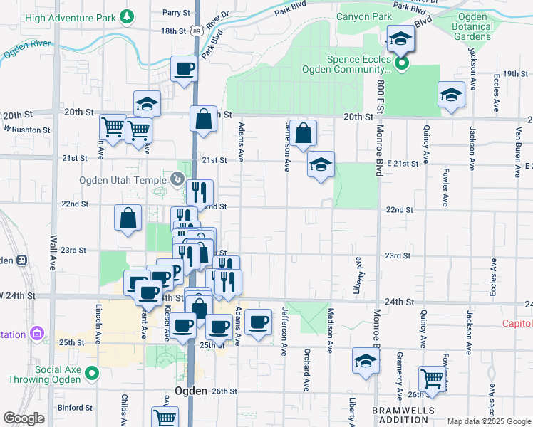 map of restaurants, bars, coffee shops, grocery stores, and more near 549 East 22nd Street in Ogden