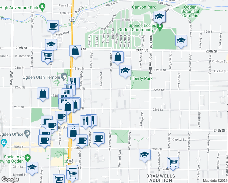 map of restaurants, bars, coffee shops, grocery stores, and more near 2238 Jefferson Avenue in Ogden