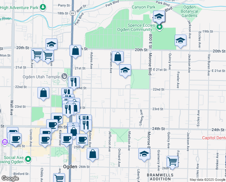 map of restaurants, bars, coffee shops, grocery stores, and more near 2238 Jefferson Avenue in Ogden