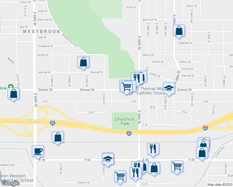 map of restaurants, bars, coffee shops, grocery stores, and more near 3537 South 51st Avenue in Omaha