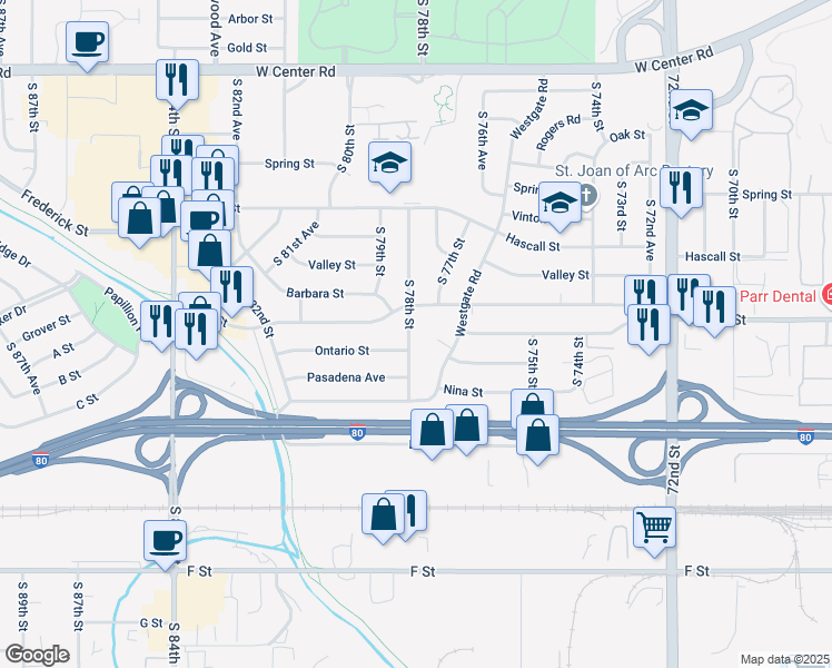 map of restaurants, bars, coffee shops, grocery stores, and more near 3525 South 78th Street in Omaha