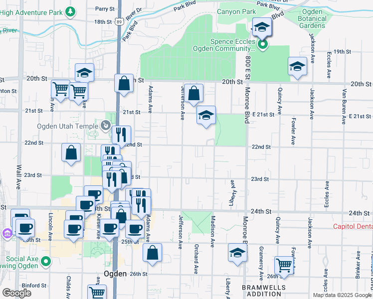 map of restaurants, bars, coffee shops, grocery stores, and more near 2204 Jefferson Avenue in Ogden