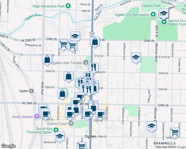 map of restaurants, bars, coffee shops, grocery stores, and more near 2210 Washington Boulevard in Ogden