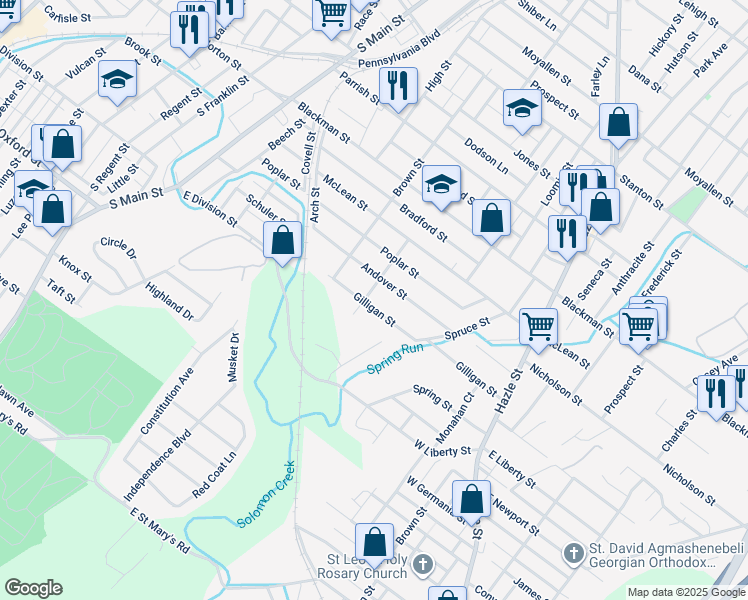 map of restaurants, bars, coffee shops, grocery stores, and more near 76 Gilligan Street in Wilkes-Barre