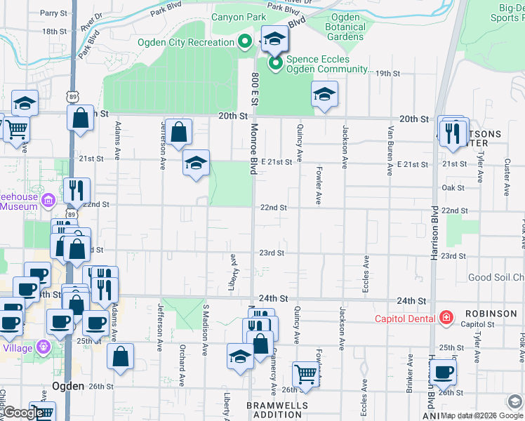 map of restaurants, bars, coffee shops, grocery stores, and more near 815 East 22nd Street in Ogden