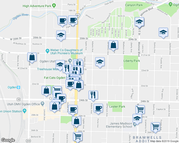 map of restaurants, bars, coffee shops, grocery stores, and more near 477 East 22nd Street in Ogden