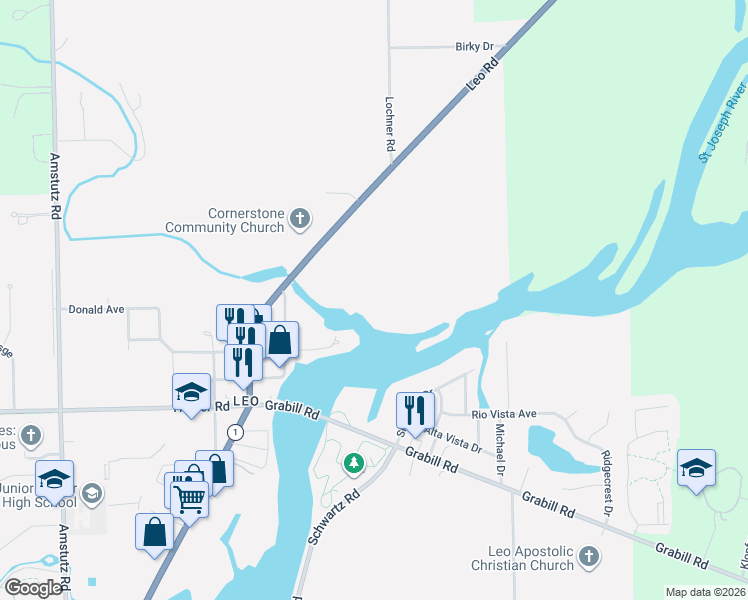 map of restaurants, bars, coffee shops, grocery stores, and more near in Leo-Cedarville