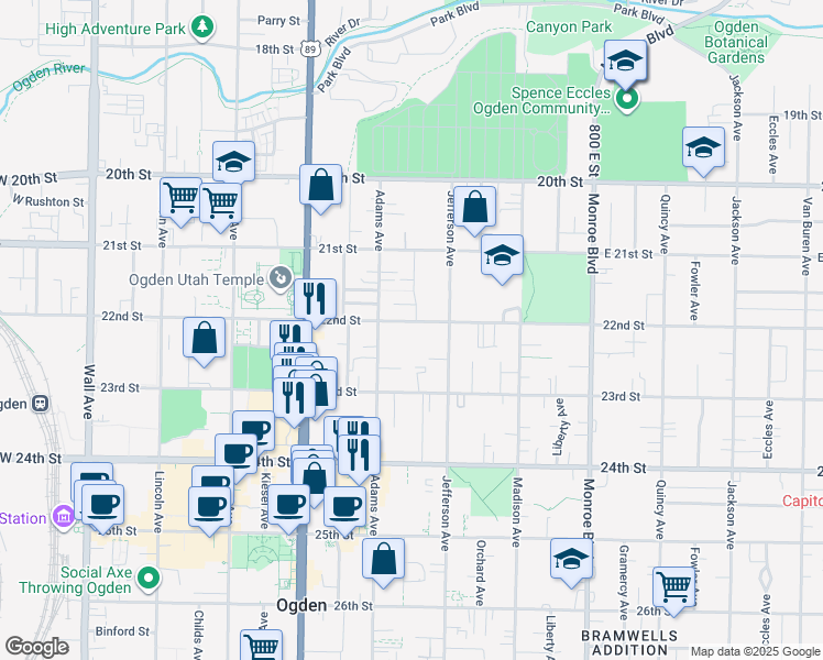 map of restaurants, bars, coffee shops, grocery stores, and more near 541 East 22nd Street in Ogden