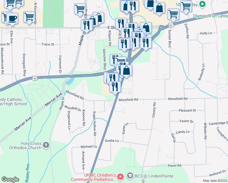 map of restaurants, bars, coffee shops, grocery stores, and more near 3003 Morefield Road in Hermitage