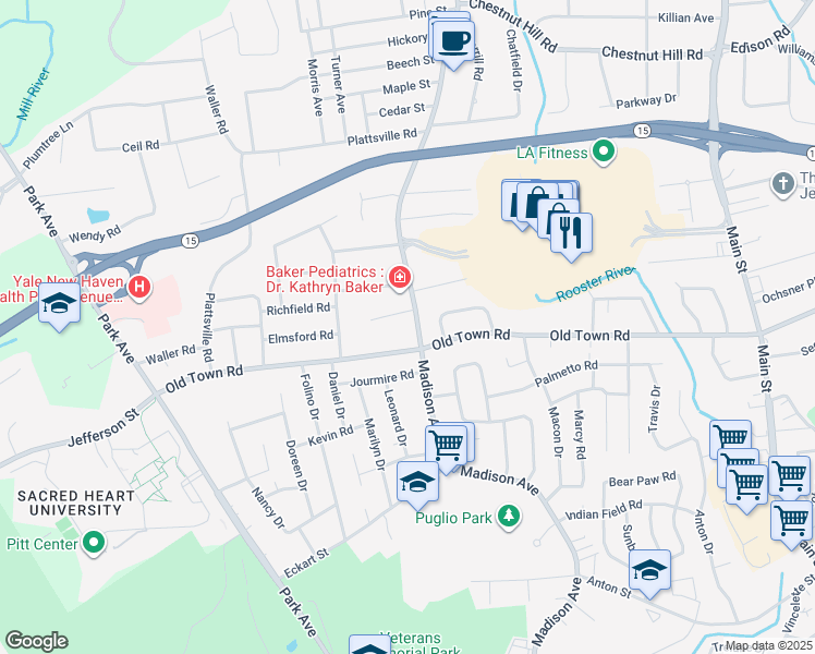 map of restaurants, bars, coffee shops, grocery stores, and more near 3432 Old Town Road in Bridgeport