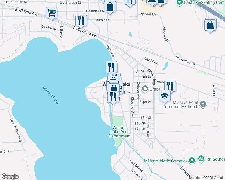 map of restaurants, bars, coffee shops, grocery stores, and more near 100-198 Auditorium Blvd in Winona Lake