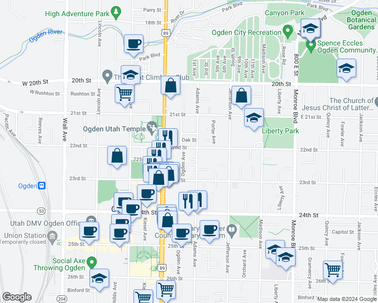 map of restaurants, bars, coffee shops, grocery stores, and more near 471 22nd Street in Ogden