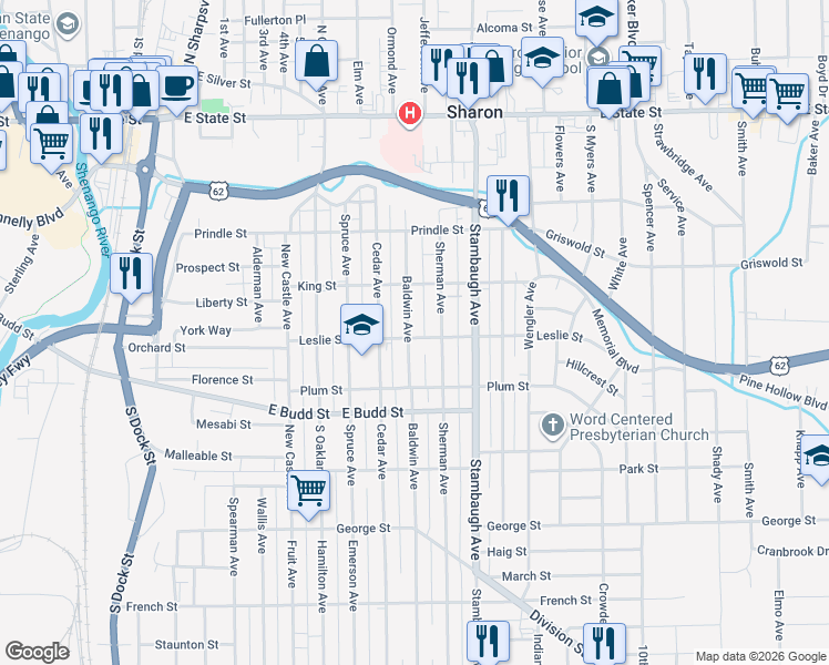 map of restaurants, bars, coffee shops, grocery stores, and more near 490 Baldwin Avenue in Sharon