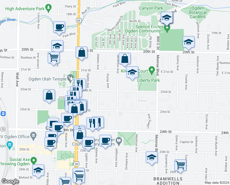 map of restaurants, bars, coffee shops, grocery stores, and more near 2238 Jefferson Avenue in Ogden