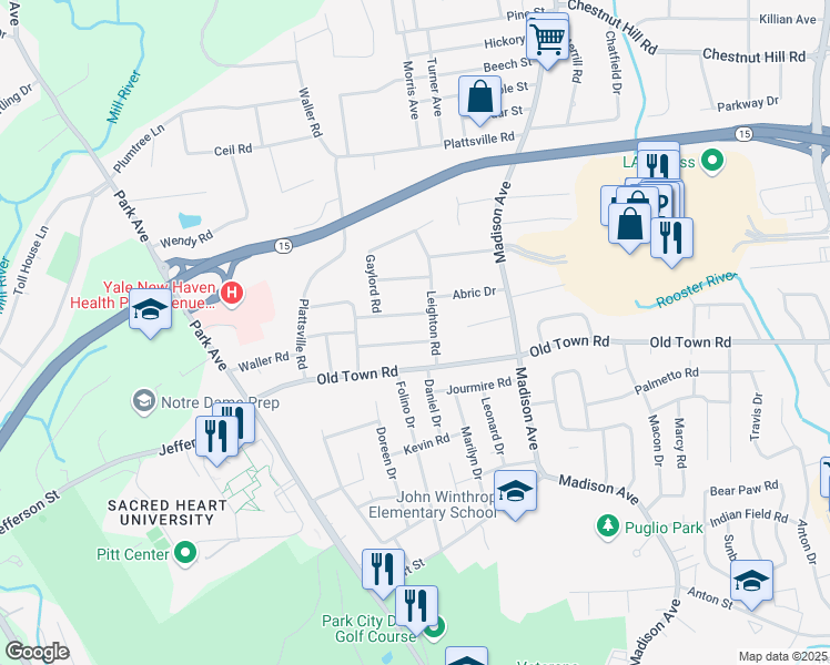 map of restaurants, bars, coffee shops, grocery stores, and more near 3598 Old Town Road in Bridgeport