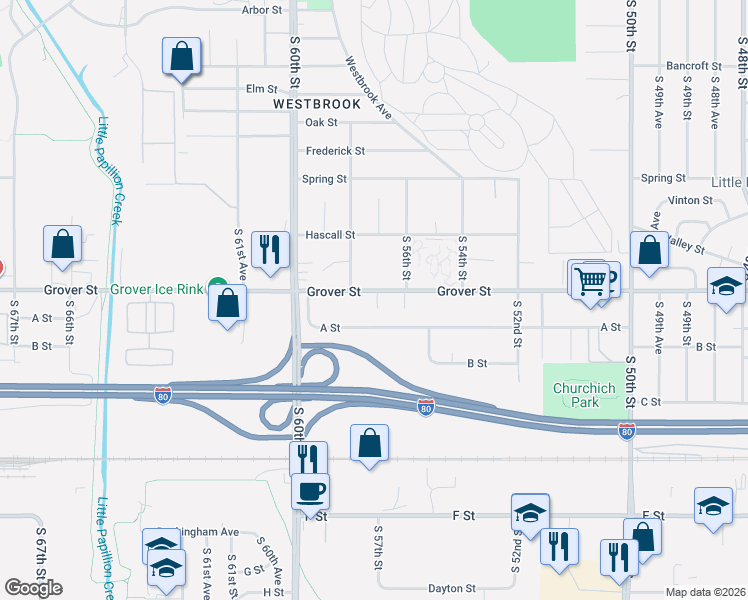 map of restaurants, bars, coffee shops, grocery stores, and more near 5714 A Street in Omaha