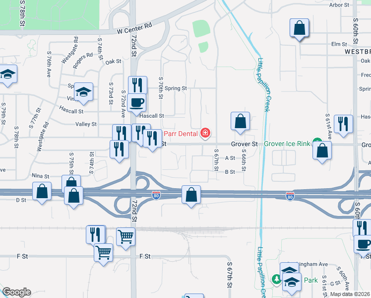 map of restaurants, bars, coffee shops, grocery stores, and more near 3608 South 69th Plaza in Omaha