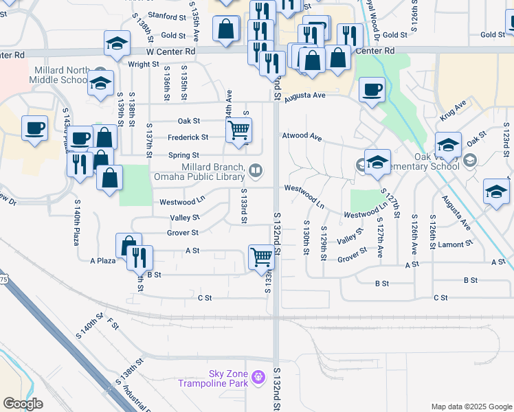 map of restaurants, bars, coffee shops, grocery stores, and more near S 133rd in Omaha
