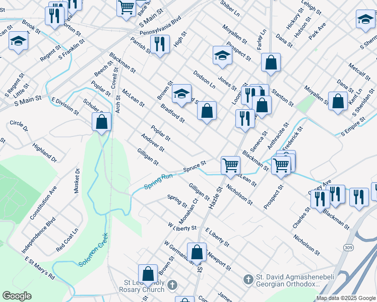 map of restaurants, bars, coffee shops, grocery stores, and more near 280 Poplar Street in Wilkes-Barre