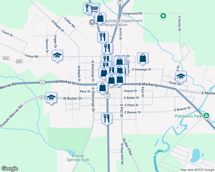 map of restaurants, bars, coffee shops, grocery stores, and more near in Mercer